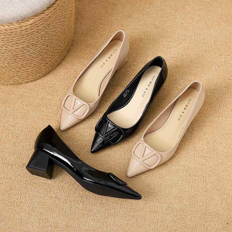 パンプス レディース チャンキーヒール ポインテッドトゥ 繊維 マリージェーン オフィスカジュアル 仕事用 婦人靴 春秋 ブラック ピンク系