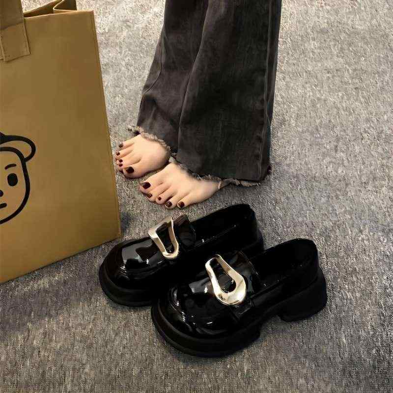 靴 レディース 厚底 マニッシュシューズ ローファー風 メリージェーン 黒 ブラック 白 オフホワイト 防水 PUレザー ラウンドトゥ レトロ クラシカル