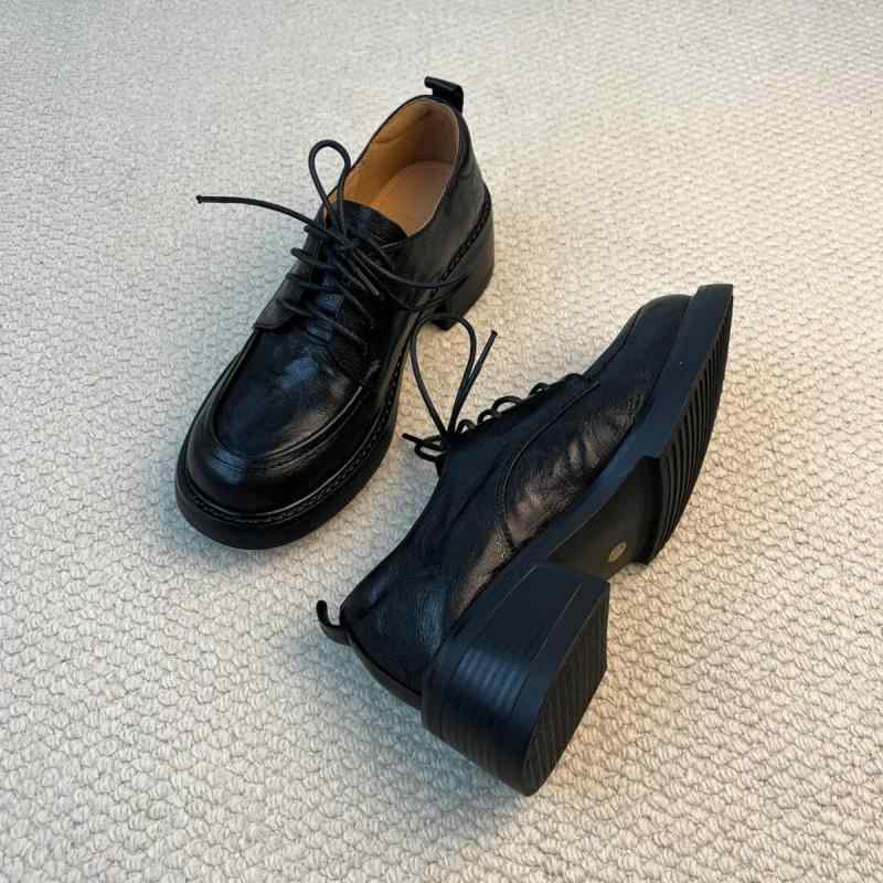 ローファー レディース 革 厚底 レースアップ ラウンドトゥ カジュアルシューズ ブラック 防水 滑り止め 羊革 春秋冬 普段使い