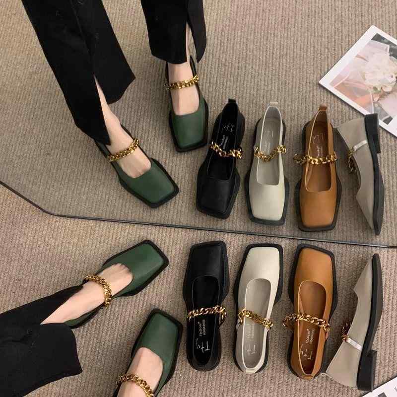 ローファー レディース マニッシュシューズ メリージェーン 靴 スクエアトゥ チェーン飾り付き レトロ カジュアル ブラック ベージュ グリーン