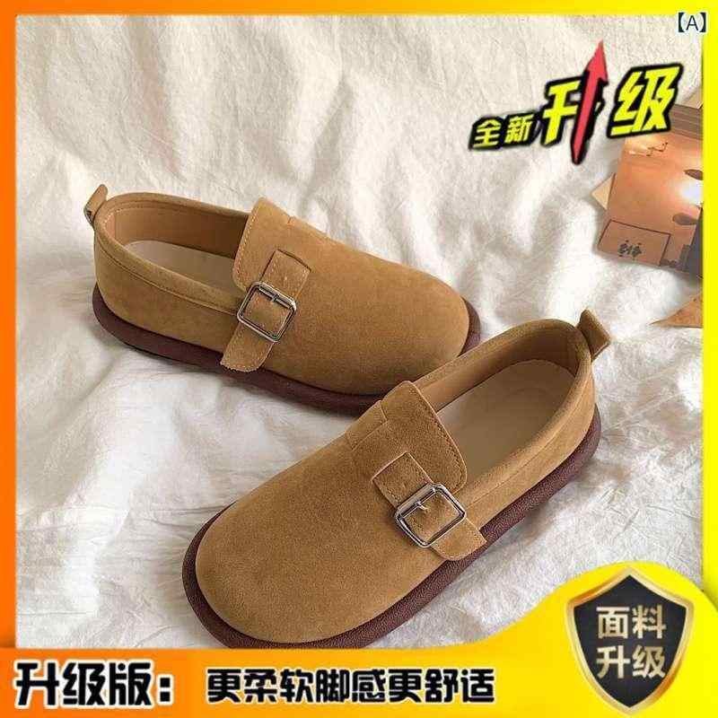 フラットシューズ レディース 秋冬 スリッポン ラウンドトゥ 厚底 ぺたんこ靴 履きやすい 痛くなりにくい 歩きやすい 滑り止め PUレザー 合皮 レトロ ブラウン カーキ