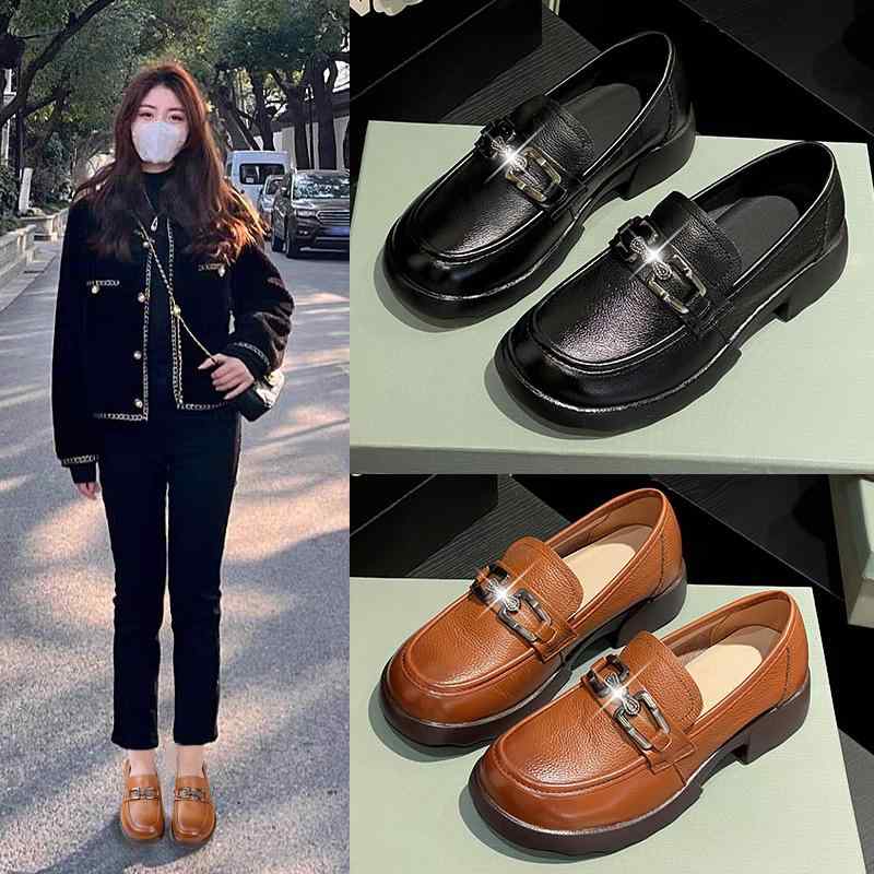 ローファー レディース 革 レザーシューズ スリッポン ラウンドトゥ 太ヒール カジュアル 婦人靴 春夏秋冬 米白 黒 ブラック 茶色 ブラウン