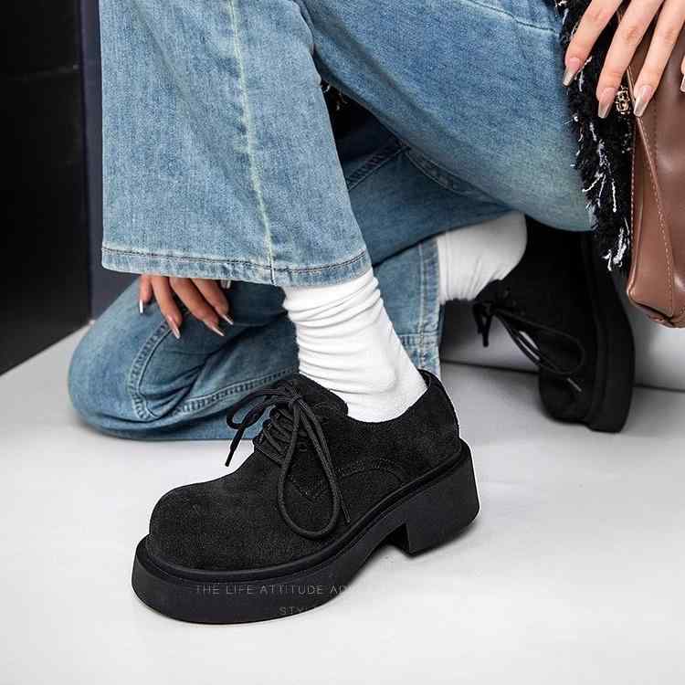 ローファー レディース 春夏 秋冬 厚底 革 紐靴 レースアップ ラウンドトゥ cross strap チャンキーヒール カジュアル 韓国 ブラウン 牛革 普段使い