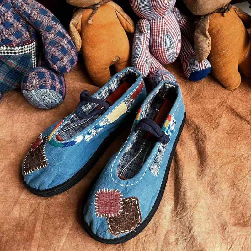 布靴 レディース カジュアルシューズ 手作り 刺繍 フラットソール ラウンドトゥ パッチワーク エスニック 民族風 ソフトボトム 春夏秋 ブルー系(x2)