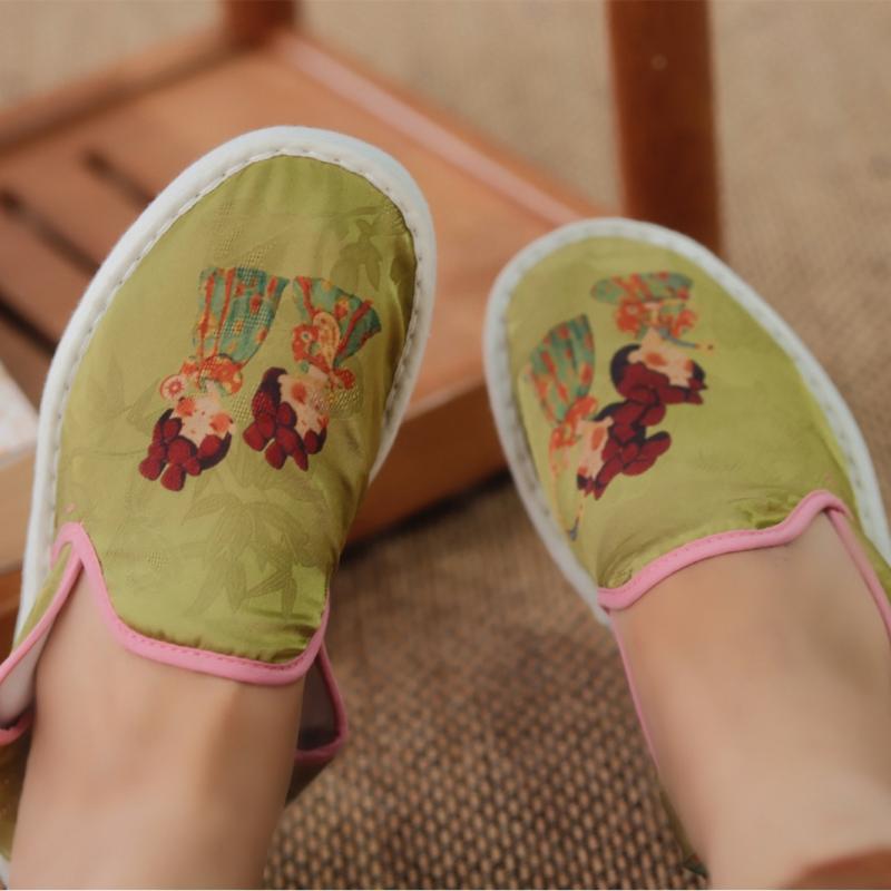 布靴 レディース 厚底 スリッポン 老北京 千層底 ゴム底 ソフト底 コットン布 フラットヒール ぺたんこ靴 ラウンドトゥ ローカット 浅履き カジュアル 普段使い 春夏秋 ライトグリーン系