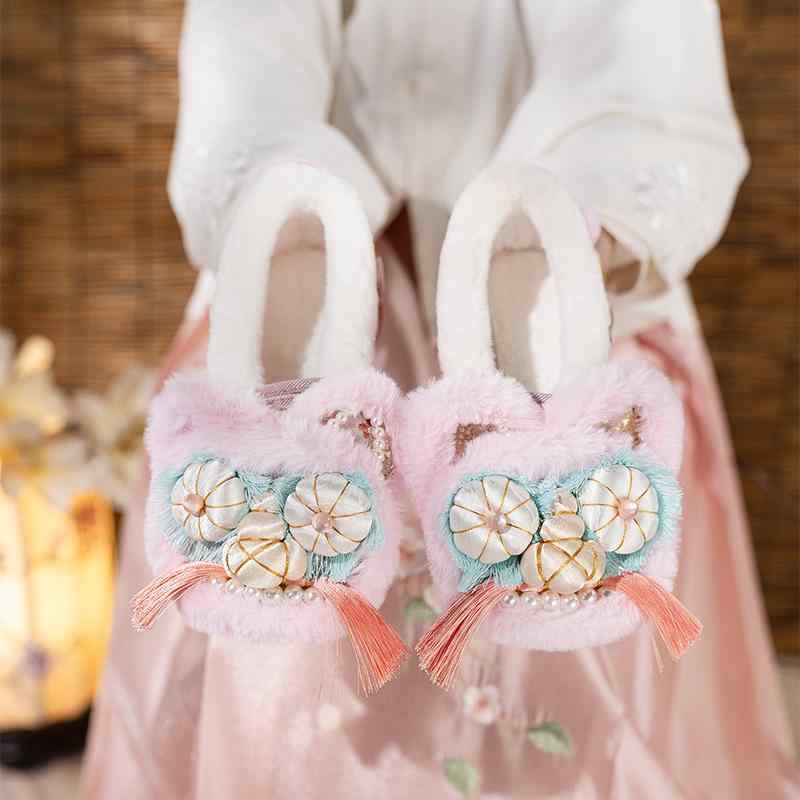 靴 レディース 刺繍 布製 チャイナシューズ スリッポン ローヒール 婦人靴 フラット 花柄 ラウンドトゥ コットン 秋冬 ピンク系