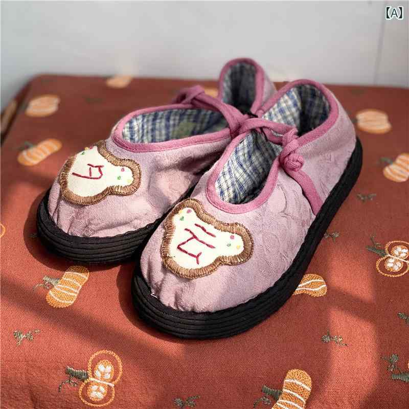 布靴 レディース スリッポン 手作り 刺繡 チャイナ風 千層底 フラット ぺたんこ 履きやすい 綿布 ラウンドトゥ 春夏 パープル ベージュ(x2)