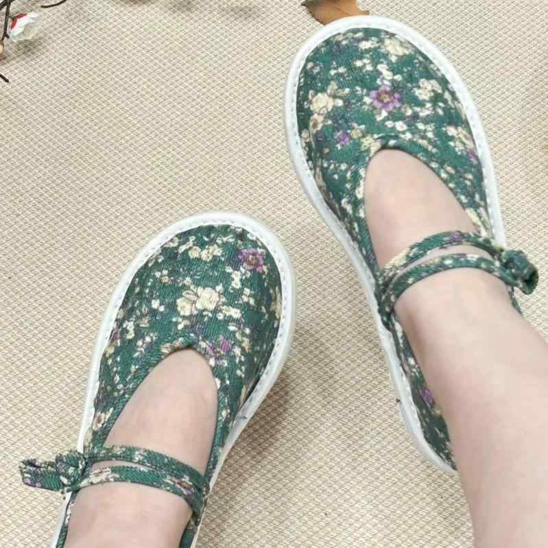 布製パンプス レディース 婦人靴 ローヒール フラット ぺたんこ 亜麻 リネン やわらか 千層底 クッション 民族風 手作り 海洋グリーン 春夏 秋 通気性 軽量 快適 歩きやすい カジュアル かわいい