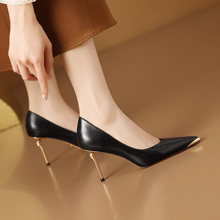 パンプス レディース 牛革 革 ポインテッドトゥ ハイヒール 太ヒール チャンキーヒール 無地 パーティ..