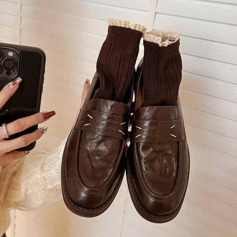 ローファー レディース 厚底 フラットシューズ 革 レザー ラウンドトゥ スリッポン カジュアルシューズ 黒 茶色 春夏 秋冬 通勤