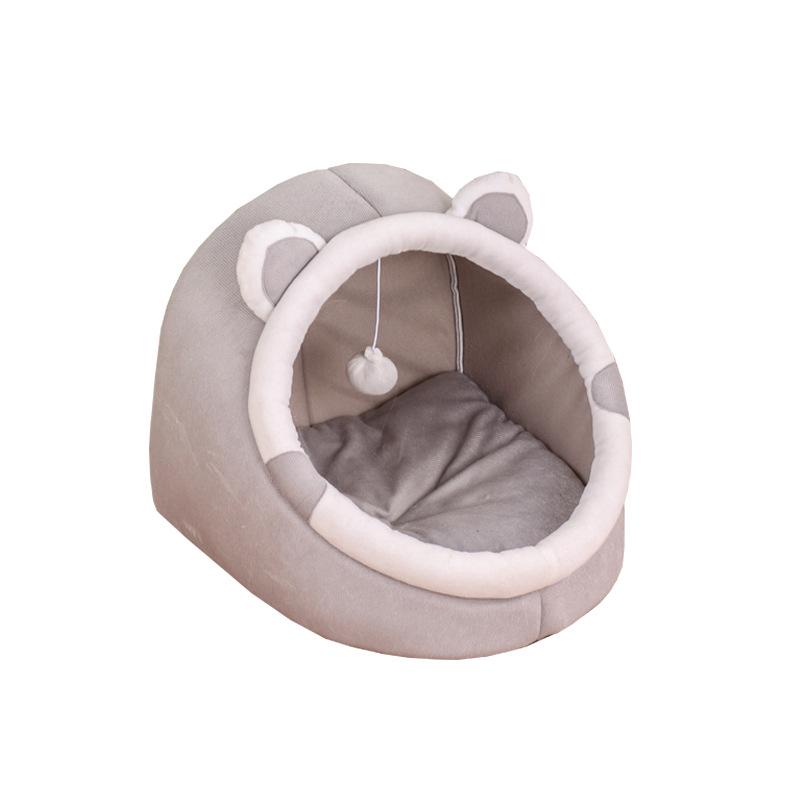 ペットハウス 猫 犬 秋冬 ペットベッド グレー 耳付き 半密閉 室内用 小型犬 猫用 かわいい あったか クッション付き(x2)