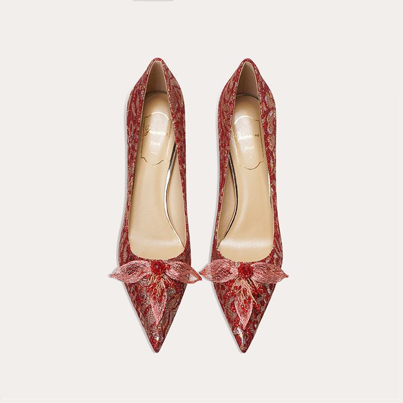 ウエディングシューズ レディース 結婚式 花嫁 ブライダルシューズ ポインテッドトゥ ハイヒール パンプス 羊革 革 披露宴 二次会 パーティー 春夏 秋冬 赤 レッド