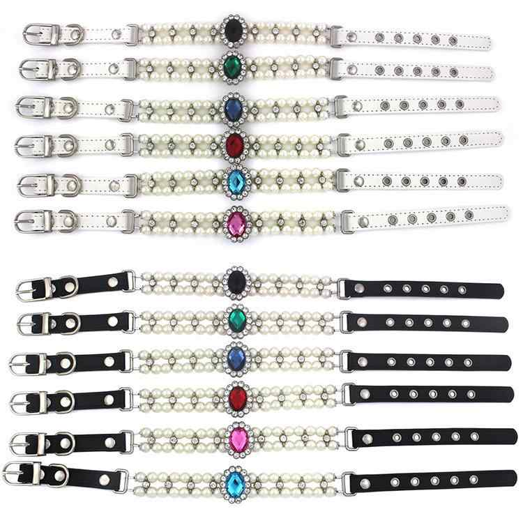 ペット用首輪 レディース パール ラインストーン 猫 小型犬 ネックレス チョーカー 黒 赤 緑 紺 桃色 ..