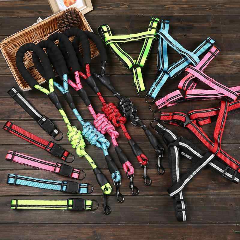 ハーネス リード セット ペット用 犬 猫 反射材 ナイロン製 調節可能 小型犬 中型犬 牽引ロープ 首輪付き カラー豊富