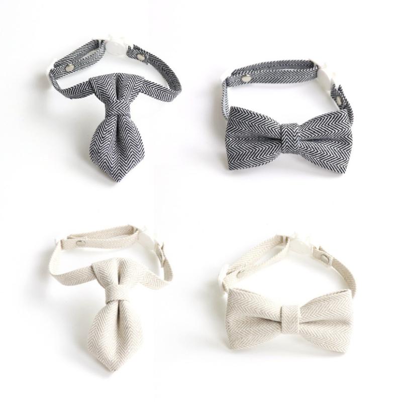首輪 猫 犬 用 編み込み ヘリンボーン 蝶ネクタイ 小型犬 ペット アクセサリー 米白 黒白 カーキ ワインレッド グレーブラック(x2)