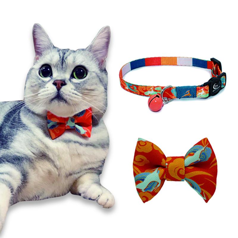 犬 猫 首輪 蝶ネクタイ 小型犬 子犬 猫 鈴付き ストライプ柄 イギリス風 紫 緑 青 橙 ポリエステル (x2)