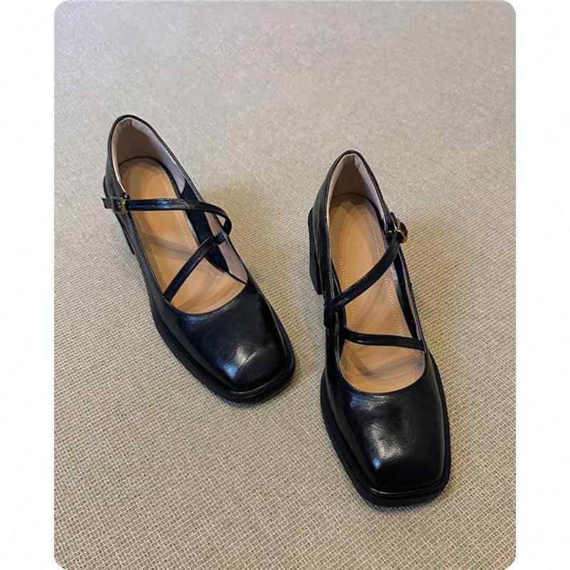 レディース メリージェーンシューズ 革 牛革 65cmヒール 太ヒール スリングバックパンプス ブラック ブラウン 無地 かわいい きれいめ カジュアル 通勤