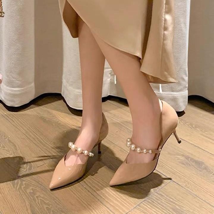 高跟パンプス レディース シューズ ポインテッドトゥ ピンヒール パール飾り付き スリッポン 繊維 無地 6cm 8cm ブラック ベージュ ホワイト 秋 通勤 カジュアル