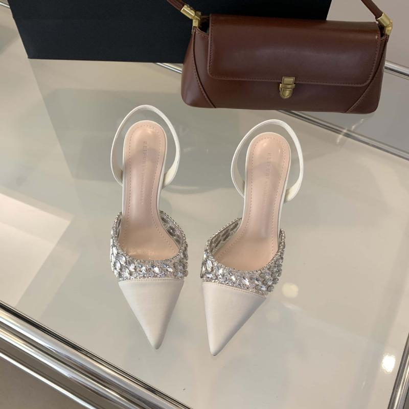 サンダル レディース ハイヒール ポインテッドトゥ ビジュー 6cm 7cm 8cm 細ヒール スリッポン 繊維 春夏 通勤 きれいめ かわいい ブラック 黒 アイボリー