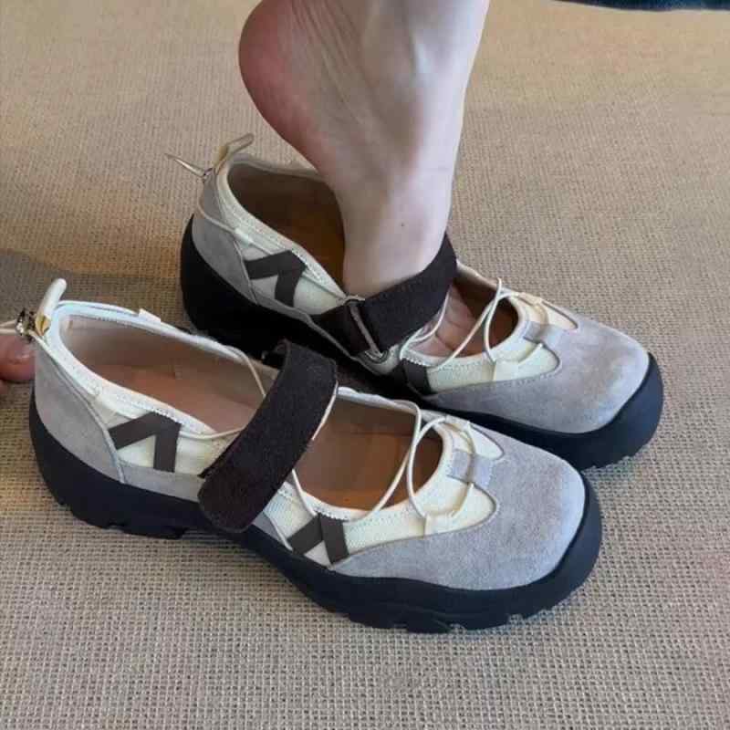 靴 レディース 厚底 面ファスナー メリージェーン シューズ 女性 婦人靴 レトロ 革 レザー 配色 スニーカー フラット ローカット ラウンドトゥ 春夏 秋冬 普段使い デイリー 白 ホワイト グレー