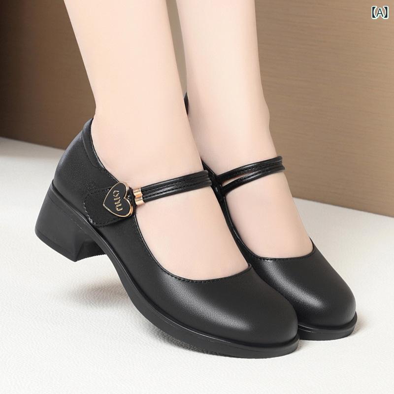 高 heel レディース シューズ 牛革 太めヒール 丸いつま先 ストラップ ミドルヒール パンプス 無地 スリッポン ローカット 普段使い 春秋 ブラック 黒 ホワイト 白 ブラウン 茶色