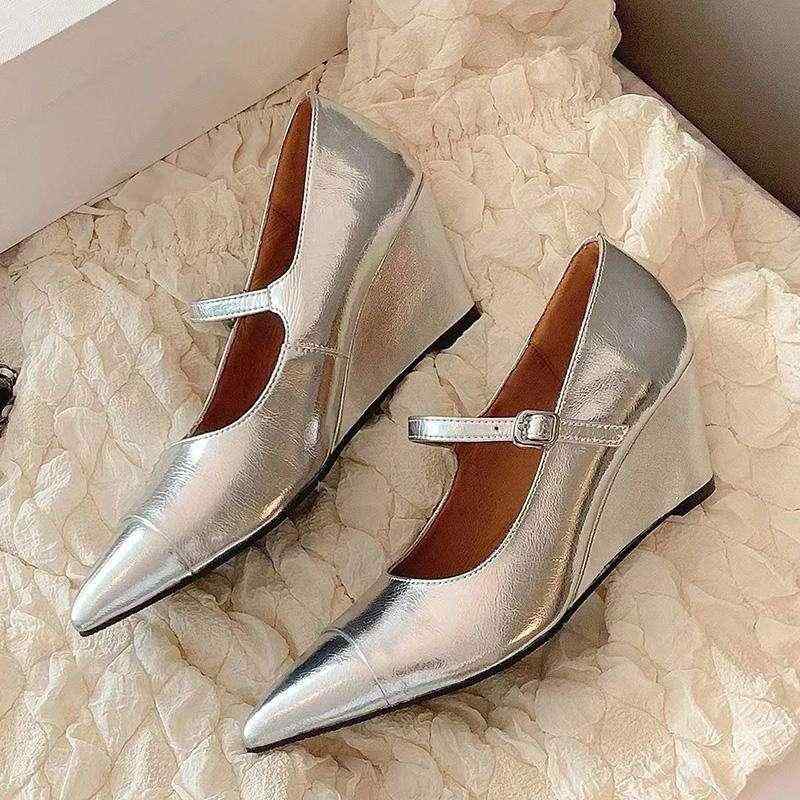 パンプス レディース 瑪麗珍鞋 マリージェーン シルバー ポインテッドトゥ ハイヒール ウェッジソール 繊維 高ヒール ゴム底 春