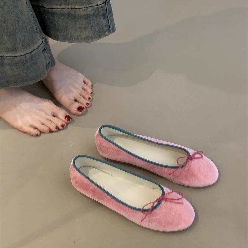 フラットシューズ レディース バレエシューズ 桃色 ベルベット 蝶結び ラウンドトゥ ローヒール ぺたんこ靴 柔らかい ソフト 春夏 秋