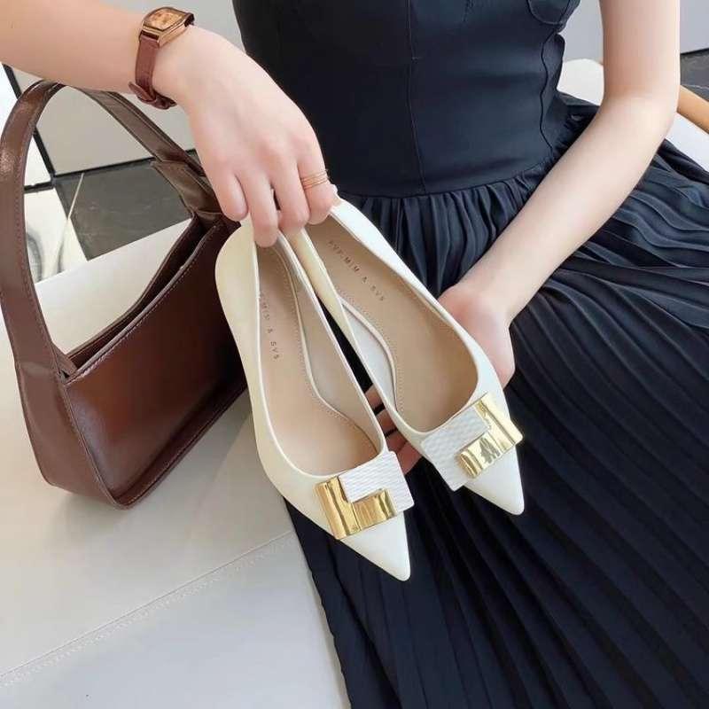 パンプス レディース ポインテッドトゥ ハイヒール ピンヒール バックル付き スリッポン 繊維 3cm 5cm 7cm 黒 ブラック ベージュ 秋