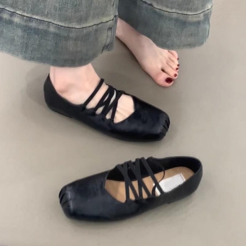 バレエシューズ レディース フラットシューズ ぺたんこ靴 ストラップ 交叉 スクエアトゥ ローヒール 婦人靴 繊維 春夏 秋冬 ブラック ブラウン 普段使い