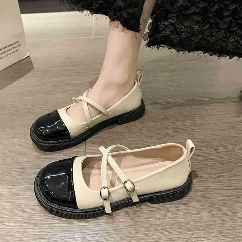 パンプス レディース 春夏 ローヒール ストラップ ラウンドトゥ フラット ぺたんこ靴 配色 黒 白 ブラック アイボリー 厚底 普段使い デイリー かわいい PU