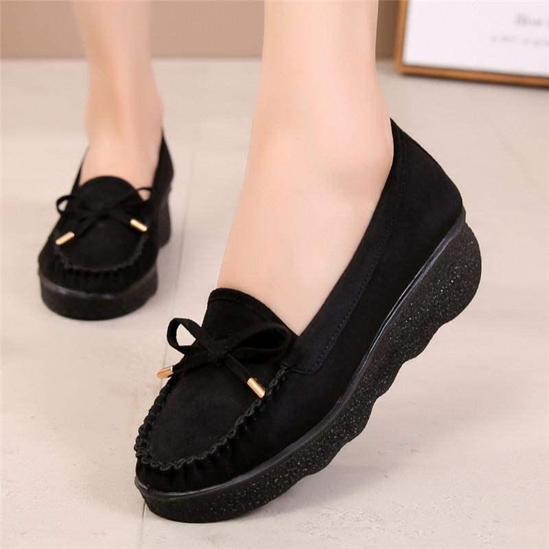 靴 レディース 婦人靴 布靴 豆豆靴 厚底 ローファー スリッポン 婦人用 ラウンドトゥ プレーンタイプ 無地 ブラック 黒 春秋 カジュアル かわいい