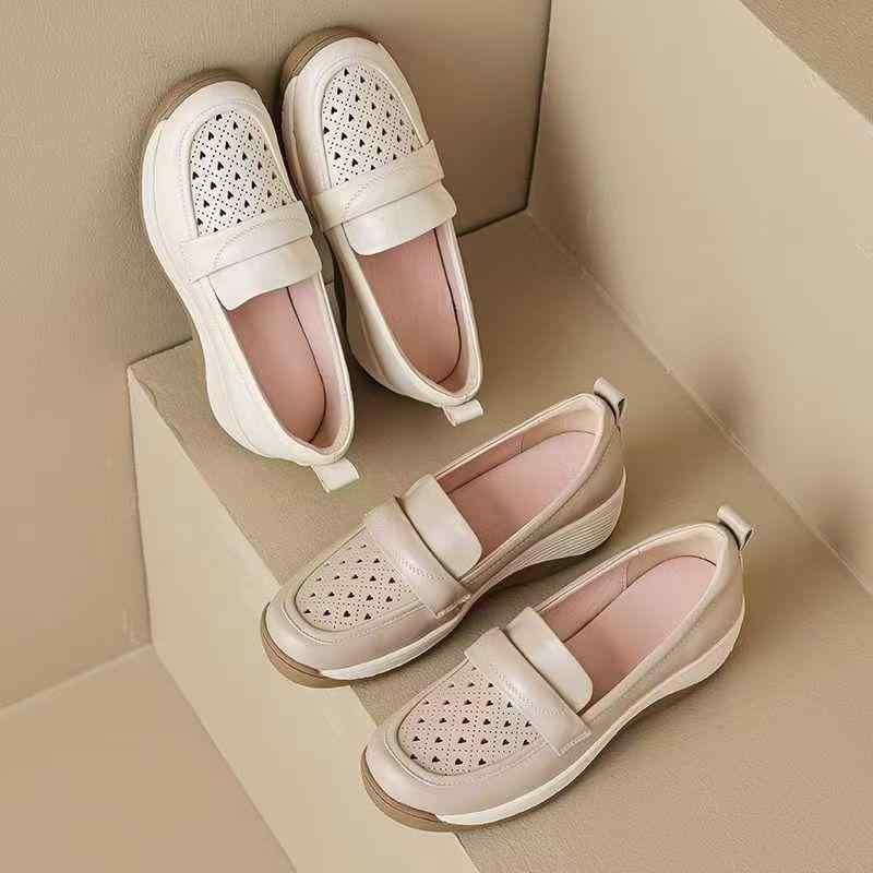 ローファー レディース 厚底 婦人靴 ウェッジソール スリッポン ラウンドトゥ 纖PUレザー 中ヒール 3cm-5cm 接触冷感 米白 杏色 通勤 普段使い(x2)