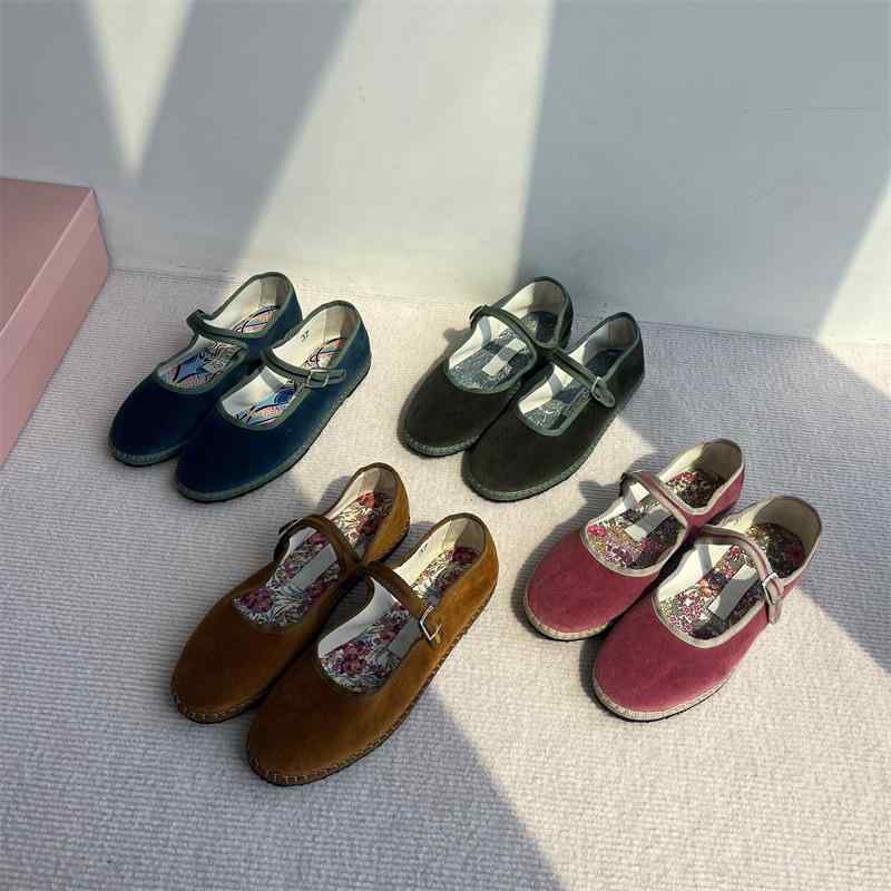 バレエシューズ レディース ベルベット フラットパンプス 浅履き メリージェーン 手作り 布靴 ラウンドトゥ 花柄 ピンク系