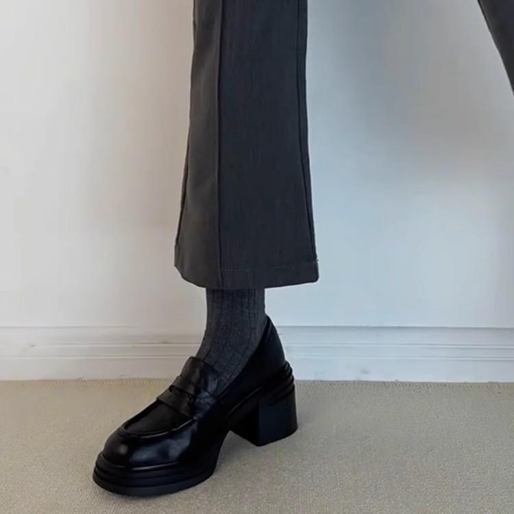 ローファー レディース 厚底 革 山羊革 ラウンドトゥ スリッポン 太ヒール チャンキーヒール 通勤 普段使い 歩きやすい 黒 ブラック 春夏 秋冬