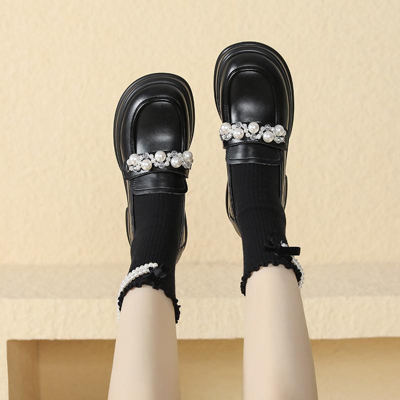 ローファー レディース 厚底 ラウンドトゥ チャンキーヒール 婦人靴 スリッポン フェイクレザー ブラック 無地 秋冬 韓国 カジュアル