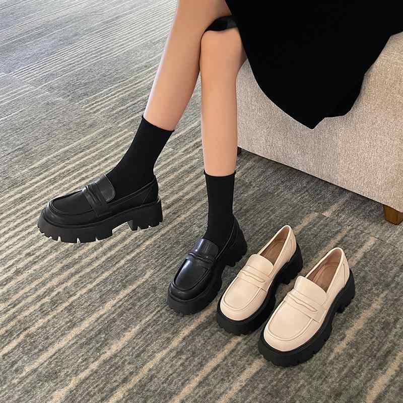 ローファー レディース レトロ ラウンドトゥ 厚底 チャンキーヒール 牛革 革 レザー スリッポン 黒 ブ..