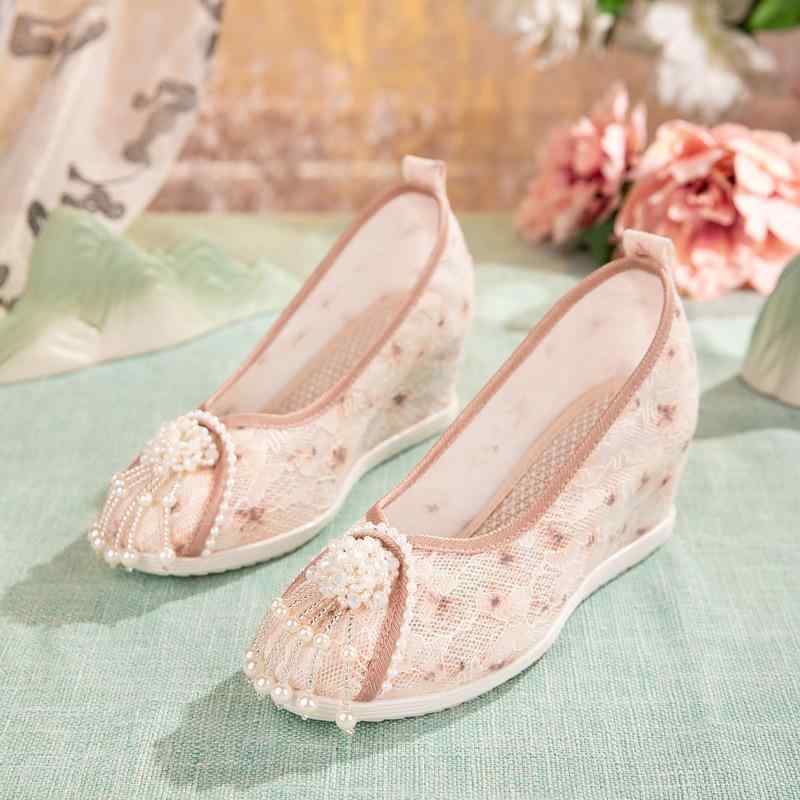 靴 レディース 老北京布靴 メッシュ インヒール 通気性 漢服 レトロ衣装 刺繍 花柄 刺しゅう ビーズ ハイヒール 8cm以上 ラウンドトゥ オレンジ グリーン ブルー