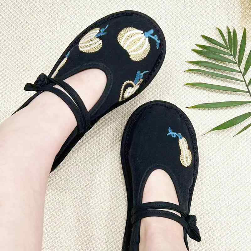 靴 レディース 布靴 カジュアル 千層底 ぺたんこ 民族風 パンプキンバックル ラウンドトゥ ローカット 亜麻 リネン 手編み 通気性 軽量 快適 ブラック