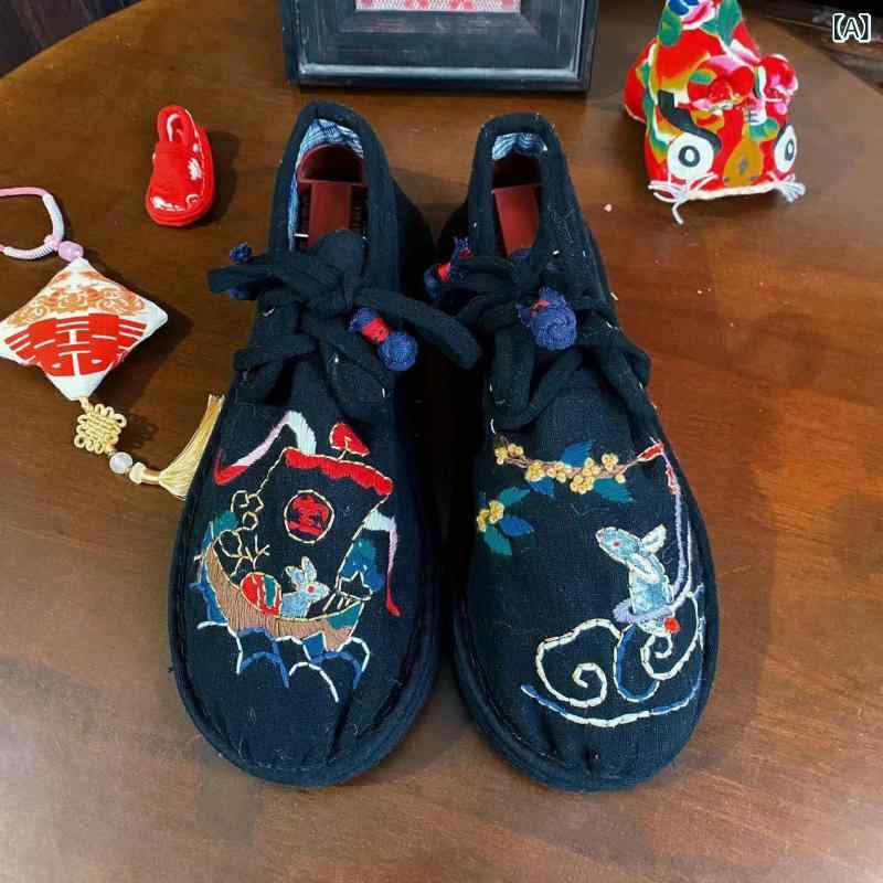 靴 レディース 手作り 刺繍 シューズ ローカット スニーカー 紐 千層底 ラウンドトゥ 麻布 ブラック 黒 春秋 カジュアル(x2)