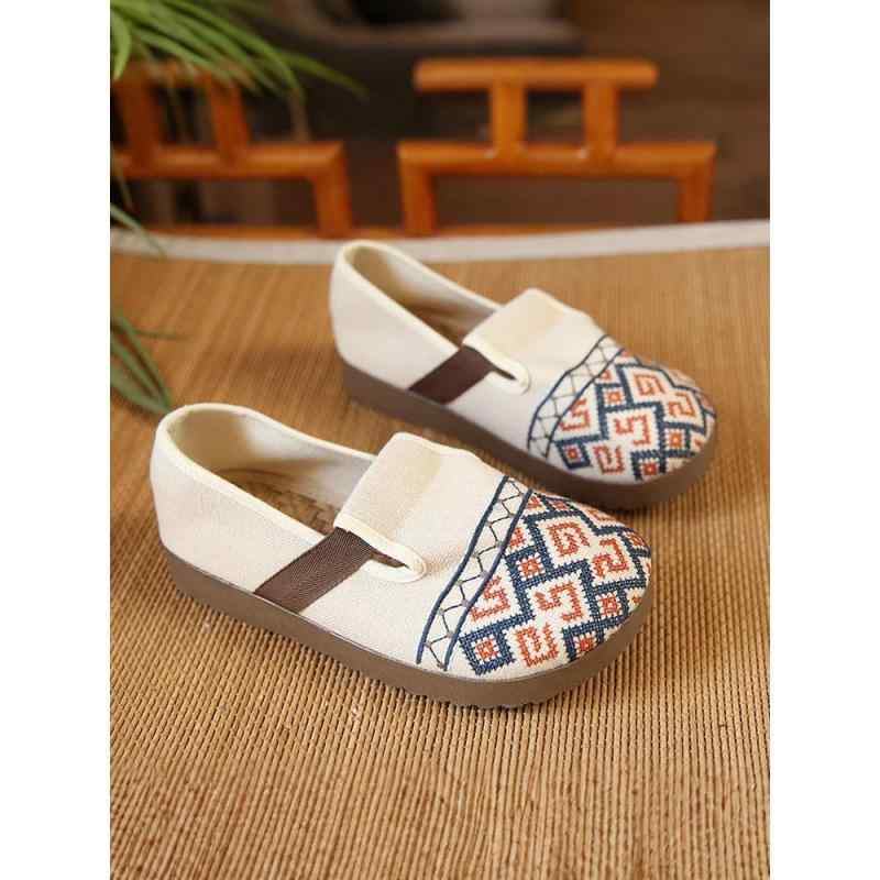 布靴 レディース スリッポン フラットシューズ 刺繍 ラウンドトゥ ハイヒール 8cm以上 春 エスニック グレー 麻色 ベージュ