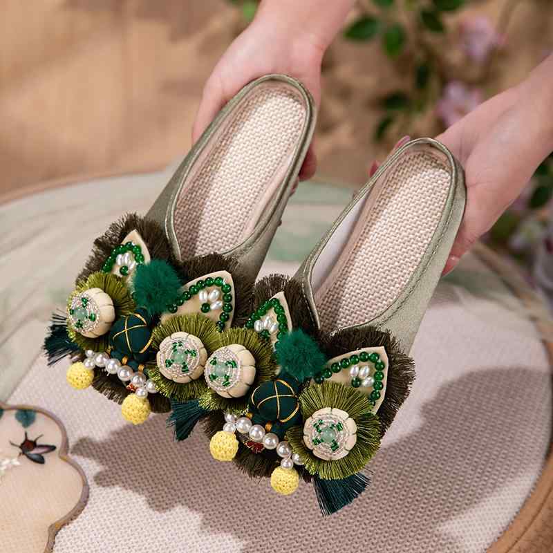 スリッパ レディース 虎 刺繡 エスニック チャイナ風 ハンドメイド 布 春夏 ローヒール ラウンドトゥ 緑 グリーン