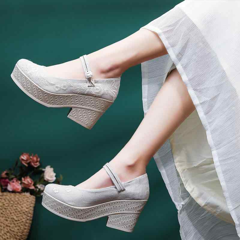 靴 レディース 厚底 マリージェーンシューズ チャイナドレス 漢服 コスプレ シューズ 布靴 刺繡 チャンキーヒール 防水 ラウンドトゥ カジュアル 春夏