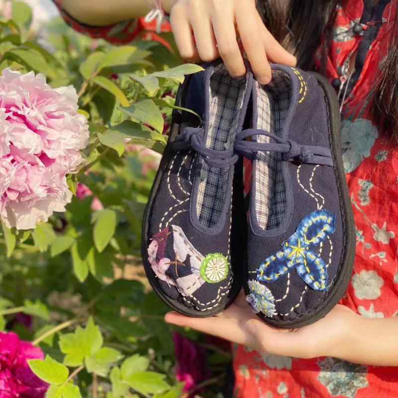 布靴 レディース スリッポン ぺたんこ靴 ローヒール 春夏 カジュアル 通気性 柔らかい 綿布 千層底 ブルー 軽量 普段使い(x2)