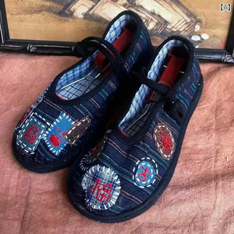 布靴 レディース 手織り 円頭 スリッポン カジュアル 民族風 ソフトボトム ローヒール 軽量 ぺたんこ ママシューズ 34 35 36 37 38 39 40 41 42 43 44 藏青(x2)