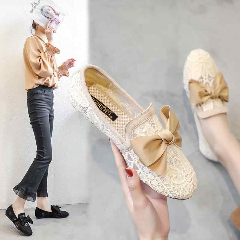 靴 レディース 布靴 レース飾り フラット底 ぺたんこ靴 スリッポン 婦人靴 ラウンドトゥ メッシュ 通気性 滑り止め 軽量 杏色 黒