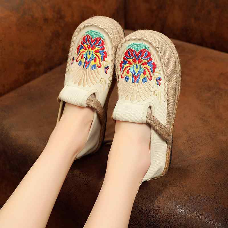 布靴 レディース エスニック 刺繡 フラットシューズ コットンリネン 快適 通気性 吸汗 スリッポン ラウンドトゥ カジュアル ベージュ ブラック レッド