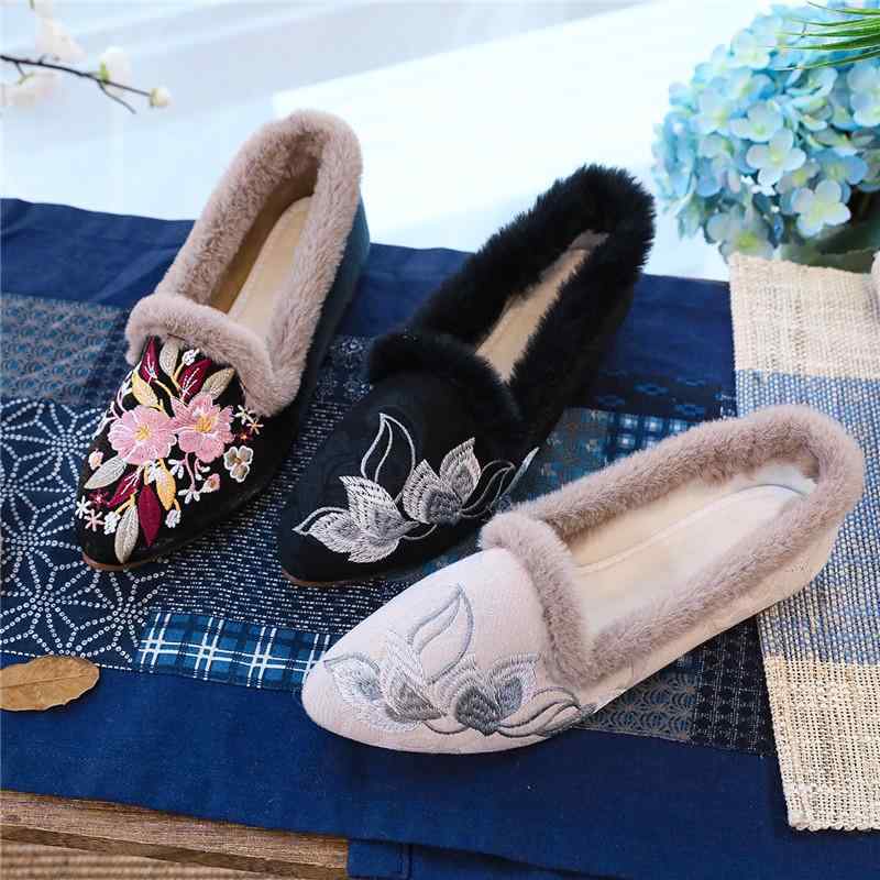 靴 レディース ルームシューズ 裏起毛 モカシン スリッポン フラット ぺたんこ 尖头 刺繡 花柄 防寒 保..