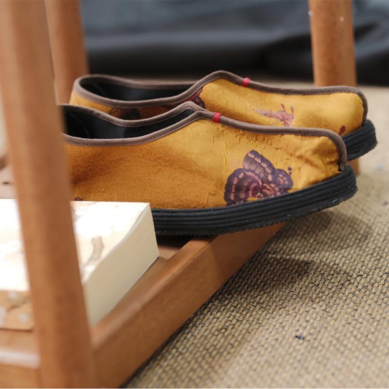 布靴 レディース スリッポン ぺたんこ靴 フラットシューズ 民族風 刺繍 ローカット 千層底 コットン 通気性 吸汗性 カジュアル 春夏秋 イエロー系