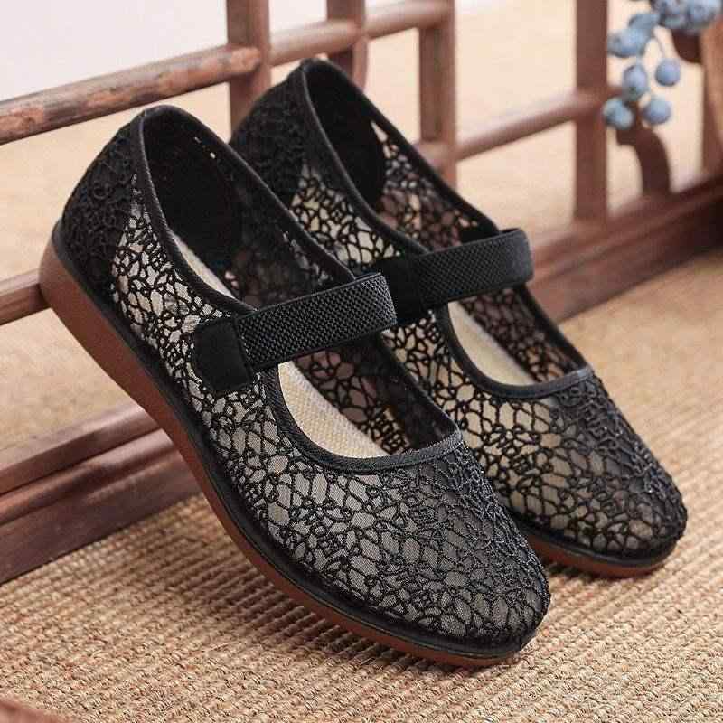 靴 レディース 高齢者シューズ 婦人靴 通気性 メッシュ 柔らかい靴底 スリッポン ローヒール ぺたんこ靴 普段使い 赤 黒