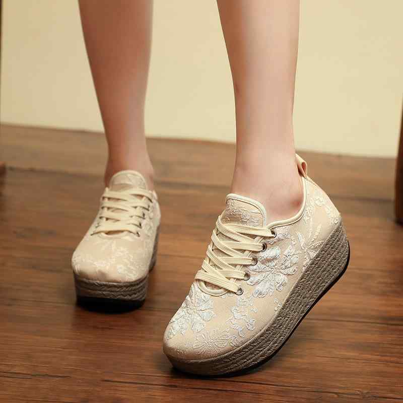 布靴 レディース 厚底シューズ 婦人靴 ラウンドトゥ 提花 チャイナドレス シューズ レトロ ブラック ベージュ 軽量 クッション性 歩きやすい 普段使い